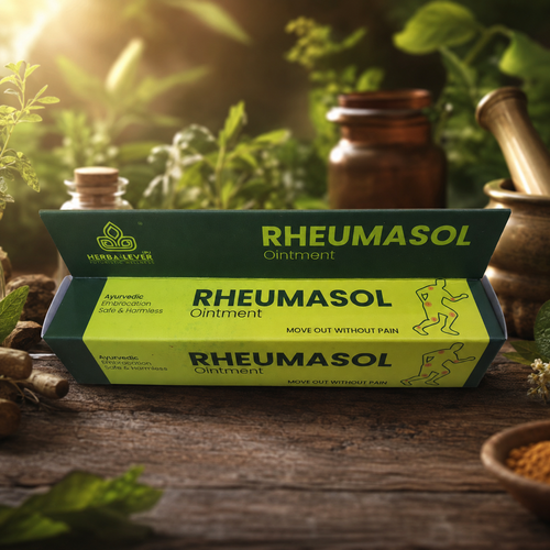 A box of Herbalever Rheumasol Ointment stacked on a rustic wooden table with herbal props in the background.